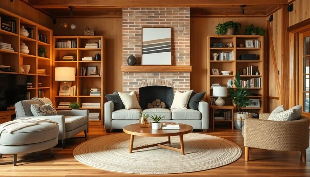 A cozy and inviting living room with warm lighting, natural wood tones, and a blend of modern and rustic accents. The focal point is a plush, neutral-toned sofa with soft throw pillows, centered in front of a brick fireplace. Bookshelves line the walls, filled with a mix of decor pieces and personal items. A large, round area rug grounds the space, complementing the wood floors. Minimalist, budget-friendly wall art and greenery add pops of color and texture. The space feels relaxed, comfortable, and effortlessly stylish. A cozy and inviting living room with warm lighting, natural wood tones, and a blend of modern and rustic accents. The focal point is a plush, neutral-toned sofa with soft throw pillows, centered in front of a brick fireplace. Bookshelves line the walls, filled with a mix of decor pieces and personal items. A large, round area rug grounds the space, complementing the wood floors. Minimalist, budget-friendly wall art and greenery add pops of color and texture. The space feels relaxed, comfortable, and effortlessly stylish.