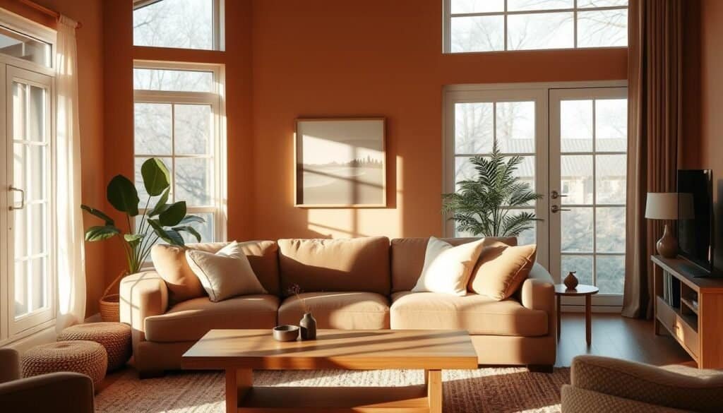 A cozy and inviting living room with warm, minimal accents. Soft, diffused natural light filters through large windows, casting a gentle glow on the space. A plush, earthy-toned sofa is the focal point, accented with a few decorative throw pillows in muted tones. A wooden coffee table with clean, simple lines sits in front of the sofa, topped with a few small, decorative objects. In the corner, a potted plant adds a touch of greenery, while a small side table with a simple lamp provides subtle illumination. The walls are painted in a warm, neutral color, allowing the natural textures and materials to take center stage. The overall atmosphere is one of calm, comfort, and understated elegance.