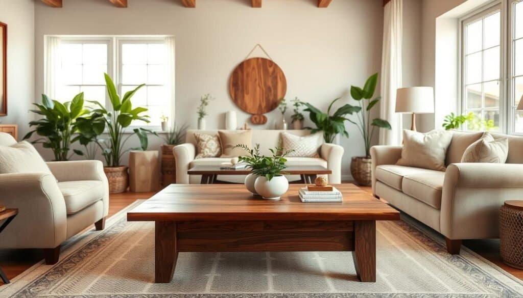 A cozy and inviting living room with warm, natural lighting filtering through large windows. In the foreground, a beautifully crafted wood accent table takes center stage, its smooth grain and rich hue complementing the neutral color palette. Plush, oversized armchairs and a comfortable sofa surround the table, creating an intimate seating arrangement. Lush potted plants and carefully curated decorative accents add pops of greenery and texture, while a classic area rug grounds the space. The overall atmosphere is one of relaxation and inspiration, perfectly capturing the essence of a thoughtful design refresh.
