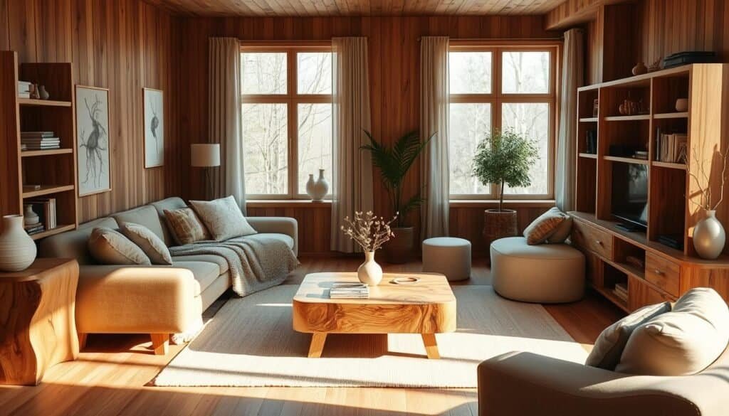 A cozy and inviting living room with warm, natural wood accents throughout. Soft, indirect lighting casts a gentle glow, highlighting the rich textures and grains of the wooden coffee table, side tables, and shelving units. The room is filled with earthy, neutral tones and plush, comfortable seating, creating a serene and harmonious atmosphere. Large windows allow natural light to pour in, illuminating the space and providing a serene, tranquil ambiance. The overall design is minimalist yet elegant, showcasing the beauty and versatility of wood as a design element in a small living room setting.