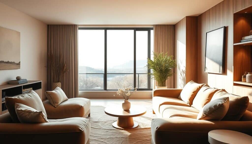 A cozy and inviting modern living room with warm lighting and natural elements. A large window overlooking a scenic view casts soft, diffused illumination across the space. Plush velvet furnishings in earthy tones complement the wooden accents, creating a harmonious and tranquil atmosphere. Minimalist decor, such as a simple vase of flowers, adds a touch of elegance, while the neutral color palette and clean lines evoke a sense of calm and balance. The room exudes an effortless blend of sophistication and comfort, showcasing how a single thoughtful detail can transform a space.