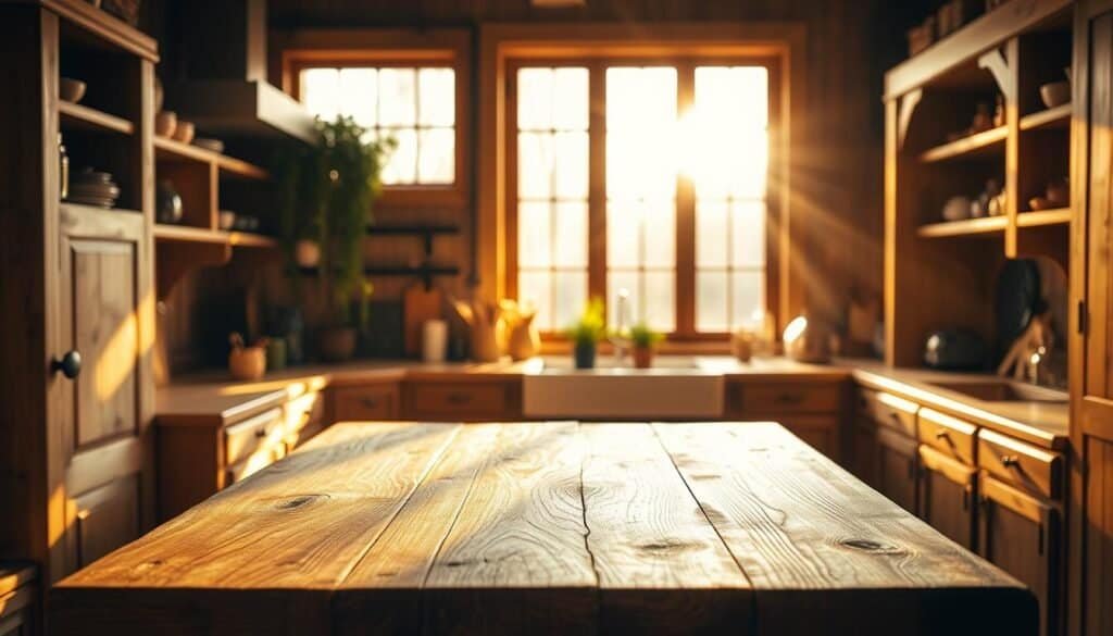 A cozy and inviting natural wood kitchen atmosphere bathed in warm, golden light. A wooden island or table sits in the foreground, its grains and textures prominently displayed. Surrounding it, wooden cabinets, shelves, and accents create a cohesive, rustic ambiance. Subtle shadows and highlights accentuate the depth and materiality of the wood. In the background, large windows allow natural daylight to pour in, casting a soft, diffused glow over the entire scene. A few potted plants or herbs add a touch of greenery, complementing the organic feel. The overall mood is one of comfort, homeliness, and an appreciation for the natural beauty of wood in a kitchen setting.