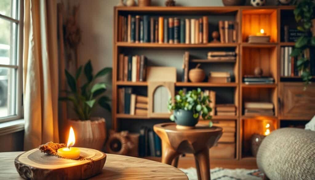 A cozy and inviting room with delicate wooden accents gently illuminated by warm, soft lighting. The foreground features a handcrafted wooden candleholder with a flickering flame, casting a gentle glow. In the middle ground, a smooth wooden side table supports a potted plant, adding a touch of nature. The background showcases a rustic wooden shelving unit displaying an assortment of weathered books and small decorative pieces. The entire scene has a natural, organic feel, creating a sense of calm and comfort.