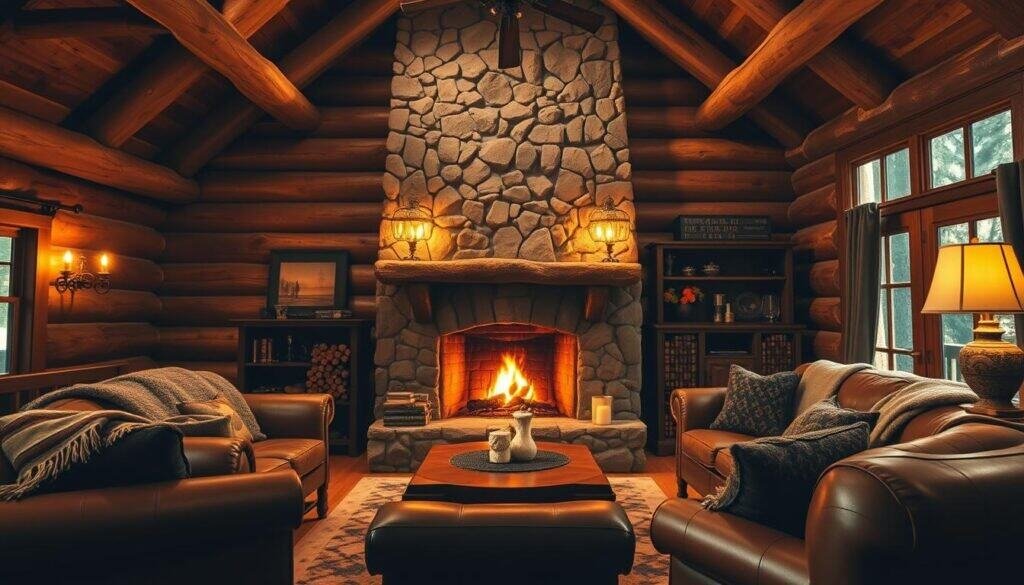 A cozy and inviting rustic log cabin interior, bathed in warm golden lighting. The focal point is a massive stone fireplace, its crackling flames casting a soft glow across the room. Rough-hewn timber beams and log walls create a charming, cabin-inspired atmosphere. Plush leather furniture, heavy woolen blankets, and antique wooden accents lend an air of rustic elegance. The scene is captured with a wide-angle lens, showcasing the cabin's spacious layout and attention to rustic details. Overall, the image evokes a sense of comfort, relaxation, and the natural beauty of a secluded, mountain-inspired retreat. A cozy and inviting rustic log cabin interior, bathed in warm golden lighting. The focal point is a massive stone fireplace, its crackling flames casting a soft glow across the room. Rough-hewn timber beams and log walls create a charming, cabin-inspired atmosphere. Plush leather furniture, heavy woolen blankets, and antique wooden accents lend an air of rustic elegance. The scene is captured with a wide-angle lens, showcasing the cabin's spacious layout and attention to rustic details. Overall, the image evokes a sense of comfort, relaxation, and the natural beauty of a secluded, mountain-inspired retreat.