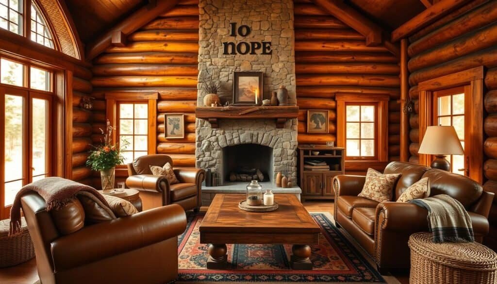 A cozy and inviting rustic log cabin living room, bathed in warm, golden light filtering through large windows. The room features a stone fireplace with a mantel adorned with natural décor, surrounded by plush leather armchairs and a sturdy wooden coffee table. Woven rugs and textiles add texture, while the exposed log walls and beams create a charming, cabin-like ambiance. The room is filled with a sense of comfort and relaxation, perfect for unwinding and enjoying the simple, personalized touches that make this space truly unique.