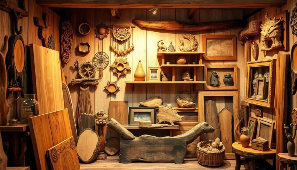 A cozy and inviting rustic wood art display, showcasing a variety of handcrafted pieces against a warm, earthy background. In the foreground, natural wood panels, carved wall hangings, and intricate wooden sculptures create a captivating focal point. The middle ground features a mix of textured wooden frames, shelves, and decorative pieces artfully arranged to create a harmonious, lived-in aesthetic. Warm, diffused lighting casts a soft glow, highlighting the natural grain and imperfections of the wood. The background blends seamless natural textures, such as weathered wood paneling or exposed beams, to complete the rustic, homely ambiance. Overall, the image conveys a sense of cozy, artisanal charm that would complement any room's decor.