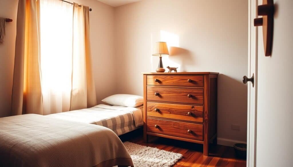 A cozy and inviting small bedroom, bathed in warm natural light filtering through sheer curtains. The focal point is a beautifully crafted wood dresser, its rich grain and subtle texture drawing the eye. Complementing it, a matching nightstand with a simple, elegant lamp casts a soft glow. The room is sparsely decorated, allowing the wood accents to shine - a plush area rug, a plant in a ceramic pot, and perhaps a wooden wall hanging or shelving unit. The overall aesthetic is one of rustic charm and minimalist sophistication, creating a serene and relaxing atmosphere perfect for a peaceful night's rest.