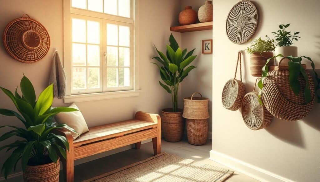 A cozy and inviting small entryway, bathed in warm natural light filtering through a large window. Rustic wooden bench and shelves provide storage and seating, complemented by a simple, minimalist decor. Intricately woven baskets, lush green plants, and a plush, neutral-toned area rug create a calming, cohesive atmosphere. Soft shadows and highlights accentuate the textures and materials, evoking a sense of harmony and tranquility. The composition is balanced, with clean lines and a focus on functionality within the limited space, showcasing an efficient and aesthetically pleasing small entryway design.