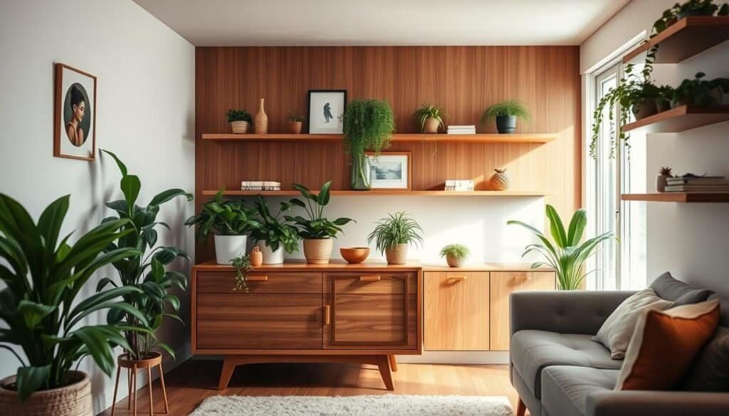 A cozy and inviting small space showcases natural wood accents and lush greenery. Warm, diffused lighting illuminates a mid-century modern console table adorned with a variety of potted plants. Sleek wooden shelves line the walls, displaying carefully curated décor and more thriving foliage. A plush area rug and minimalist furniture pieces create a harmonious, nature-inspired ambiance. The scene is captured from a slightly elevated angle, emphasizing the thoughtful arrangement and intimate atmosphere of this tranquil, plant-filled haven.
