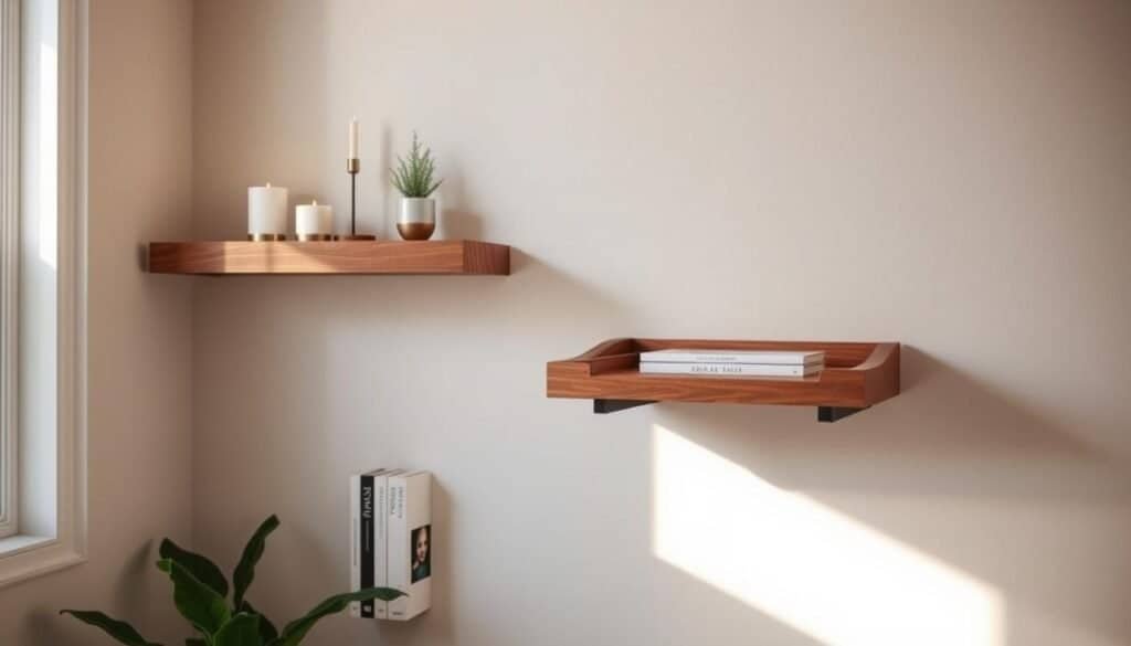 A cozy and inviting small space with two floating wood ledges suspended on the wall, casting warm shadows. The upper ledge displays decorative items like candles and plants, while the lower one serves as a practical shelf for books and knickknacks. Soft, natural light filters in through a nearby window, illuminating the grainy wood texture and creating a serene, minimalist ambiance. The camera angle is slightly angled, highlighting the depth and dimension of the recessed alcove. The overall composition emphasizes the effortless elegance and space-saving utility of these floating wood ledges.
