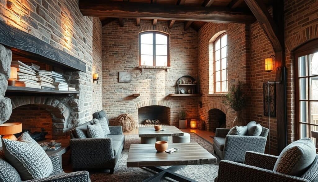 A cozy and inviting stone and brick interior design, with warm lighting highlighting the natural textures. Rough-hewn stone walls in shades of gray and tan create a strong, earthy foundation, complemented by the rich, rustic tones of aged brick. Scattered throughout are weathered wooden beams and accents, adding depth and character to the space. Soft, natural light filters in through large windows, casting a gentle glow and creating an atmosphere of relaxed sophistication. The overall effect is one of timeless elegance, where the rugged and the refined come together in perfect harmony.