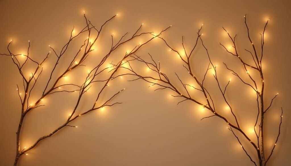 A cozy and inviting wall display of natural birch branches, delicately adorned with a constellation of warm, twinkling lights. The branches gracefully arch and intertwine, casting soft, ambient illumination throughout the space. The lighting is subtle and elegant, creating a serene and tranquil atmosphere. The arrangement is meticulously composed, with the branches positioned to form a visually striking and harmonious design. The image exudes a sense of rustic charm and natural beauty, perfect for adding a finishing touch of warmth and atmosphere to any room. A cozy and inviting wall display of natural birch branches, delicately adorned with a constellation of warm, twinkling lights. The branches gracefully arch and intertwine, casting soft, ambient illumination throughout the space. The lighting is subtle and elegant, creating a serene and tranquil atmosphere. The arrangement is meticulously composed, with the branches positioned to form a visually striking and harmonious design. The image exudes a sense of rustic charm and natural beauty, perfect for adding a finishing touch of warmth and atmosphere to any room.