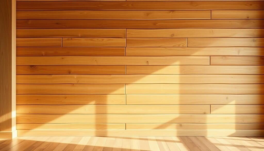 A cozy and inviting wooden accent wall with a rustic yet refined design. Warm, natural tones of honey-hued oak or maple planks, expertly arranged in a visually-appealing pattern that adds depth and texture to the space. Soft, indirect lighting casts a gentle glow, highlighting the grain and imperfections of the wood for an authentic, handcrafted aesthetic. The layout is clean and minimalist, allowing the wood to be the star of the show. A serene, tranquil atmosphere that complements the "almost-there" interior, creating a sense of cohesion and comfort.