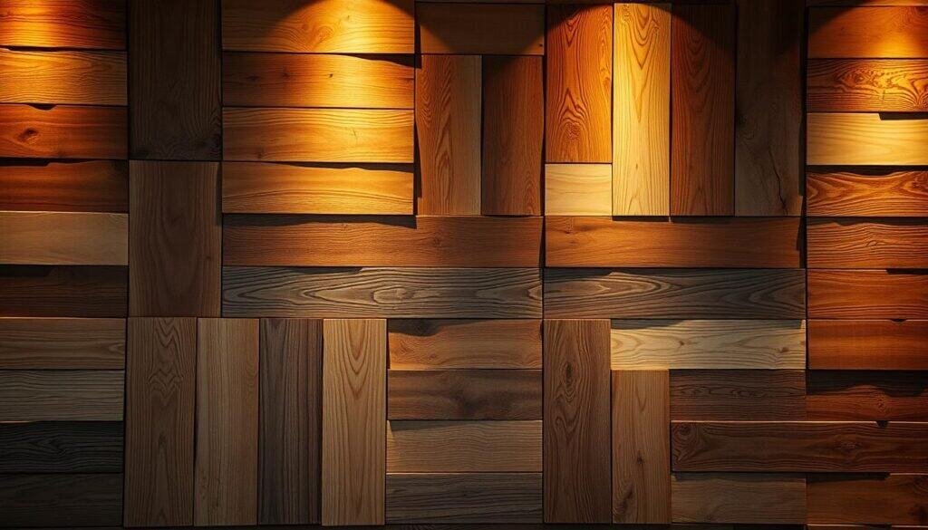 A cozy and inviting wooden wall design, featuring a natural, rustic aesthetic. Warm, ambient lighting casts a soft glow, highlighting the intricate grain patterns and textures of the wood panels. The arrangement showcases a harmonious blend of different wood tones and finishes, creating a visually striking and visually cohesive display. The overall composition exudes a sense of warmth, comfort, and understated elegance, perfectly complementing the serene and welcoming atmosphere of the space.