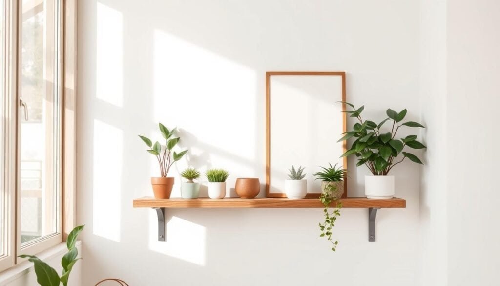 A cozy and minimalist wood decor scene, featuring a sleek wooden shelf mounted on a crisp white wall. The shelf displays various potted plants, a simple ceramic vase, and a single framed art piece with clean lines. Soft, natural lighting filters in through a large window, casting a warm glow across the arrangement. The composition is balanced and uncluttered, creating a serene and rejuvenating atmosphere. The wood tones, ranging from light to dark, add depth and texture to the scene, complementing the overall modern and zen-like aesthetic. A cozy and minimalist wood decor scene, featuring a sleek wooden shelf mounted on a crisp white wall. The shelf displays various potted plants, a simple ceramic vase, and a single framed art piece with clean lines. Soft, natural lighting filters in through a large window, casting a warm glow across the arrangement. The composition is balanced and uncluttered, creating a serene and rejuvenating atmosphere. The wood tones, ranging from light to dark, add depth and texture to the scene, complementing the overall modern and zen-like aesthetic.