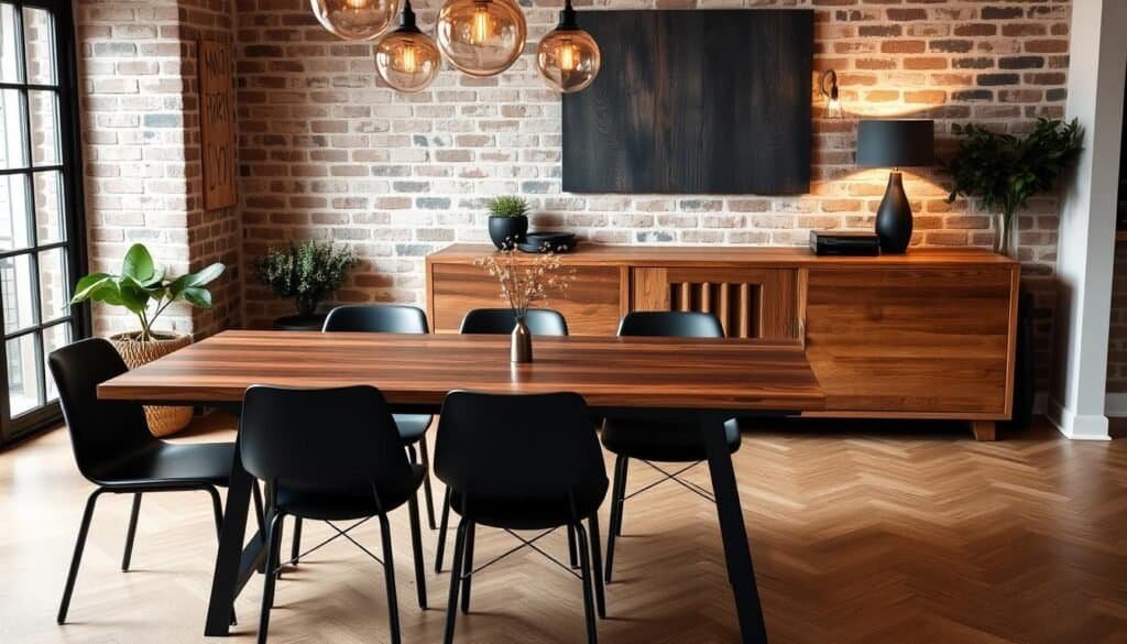 A cozy and refined dining space with a focal point of sleek black and warm wooden elements. In the foreground, a modern rectangular dining table with a dark wood top and black metal legs stands elegantly. Surrounding it, contemporary black dining chairs with clean lines and subtle textures. In the middle ground, a large, rustic-inspired wooden sideboard or credenza provides ample storage and display space. The background features a mix of natural textures like exposed brick walls and warm pendant lighting that casts a soft, inviting glow. The overall atmosphere is one of sophistication and thoughtful design, creating an enhanced culinary experience. A cozy and refined dining space with a focal point of sleek black and warm wooden elements. In the foreground, a modern rectangular dining table with a dark wood top and black metal legs stands elegantly. Surrounding it, contemporary black dining chairs with clean lines and subtle textures. In the middle ground, a large, rustic-inspired wooden sideboard or credenza provides ample storage and display space. The background features a mix of natural textures like exposed brick walls and warm pendant lighting that casts a soft, inviting glow. The overall atmosphere is one of sophistication and thoughtful design, creating an enhanced culinary experience.