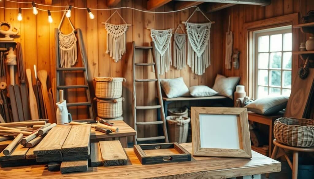 A cozy and rustic home workshop filled with natural textures and handcrafted DIY projects. In the foreground, a wooden workbench showcases various woodworking tools, stained boards, and a half-finished rustic photo frame. Midground features a weathered ladder, woven baskets, and a stack of vintage-inspired throw pillows. The background depicts warm-toned wooden walls adorned with macrame wall hangings, string lights, and a window letting in soft, natural light. Overall, the scene exudes a welcoming, homely atmosphere and a sense of charming, down-to-earth creativity.