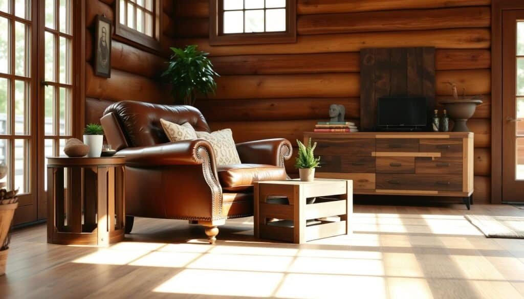 A cozy and rustic living room, bathed in warm, natural light filtering through large windows. In the center, a beautifully refurbished vintage armchair, its worn leather upholstery and polished wooden frame gleaming. Nearby, a repurposed wooden crate serves as a side table, topped with a lush potted plant and a few artfully arranged decorative items. In the background, a sleek, modern sideboard crafted from reclaimed barn wood stands against the wall, its drawers and shelves brimming with carefully curated knickknacks and treasures. The overall atmosphere is one of effortless elegance and thoughtful, sustainable design.