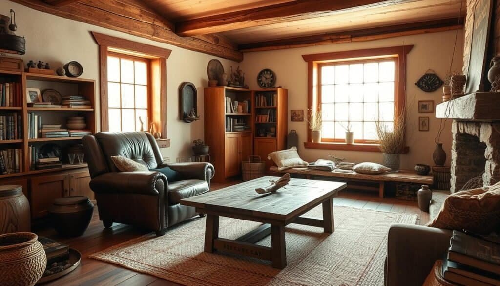 A cozy and rustic living room with warm, soft lighting and natural textures. A worn, leather armchair sits next to a distressed wooden coffee table, accented by a plush, woven area rug. Bookshelves line the walls, adorned with vintage knickknacks and natural elements like driftwood. The large window allows soft, diffused sunlight to filter in, casting a gentle glow on the room's inviting, lived-in ambiance. Rustic exposed beams and a stone fireplace mantel add to the room's charming, casual character, creating a space that feels both timeless and welcoming.