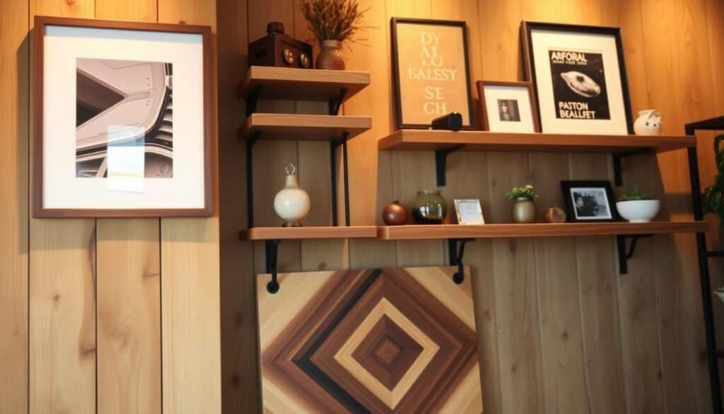 A cozy and rustic wood wall decor display, featuring a mix of natural wood planks, handcrafted shelves, and minimalist framed artwork. The warm lighting casts a soft glow, creating a inviting and serene atmosphere. The foreground showcases a beautifully sanded and stained wood plaque with an intricate geometric pattern, while the middle ground features a floating wood shelf displaying various decorative objects. The background is a textured wood paneled wall, adding depth and character to the scene. The overall composition exudes a sense of pride and accomplishment in creating a stunning DIY home decor piece.