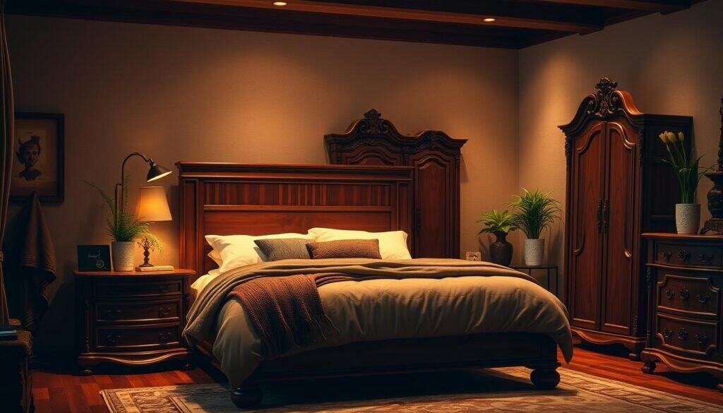 A cozy and sophisticated bedroom, bathed in warm, diffused lighting. The centerpiece is a grand, solid wood bed frame, its rich mahogany hue lending a sense of timeless elegance. Flanking the bed are matching nightstands, their drawers and cabinets crafted from the same lustrous hardwood. In the corner, a tall, ornate dresser stands proudly, its intricate carvings catching the soft, amber glow. Plush, earthy-toned bedding and textiles add depth and texture, while potted plants inject a touch of natural vibrancy. The overall atmosphere is one of refined comfort and tranquility, perfect for a cozy, restful retreat.