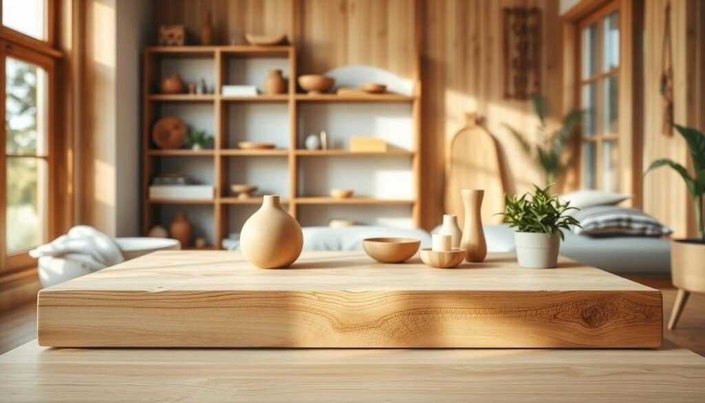 A cozy and sustainable wooden home decor scene, featuring a central table with a smooth, light-colored wooden surface. Surrounding it, a collection of natural wooden accents - a vase, a small bowl, a few candles, and a potted plant. The room is bathed in warm, diffused lighting from large windows, casting a soft glow over the wood's natural grains and textures. In the background, a bookshelf with additional wooden elements creates a sense of depth and a harmonious, eco-friendly ambiance. The overall composition emphasizes the beauty and versatility of sustainable wooden home furnishings.