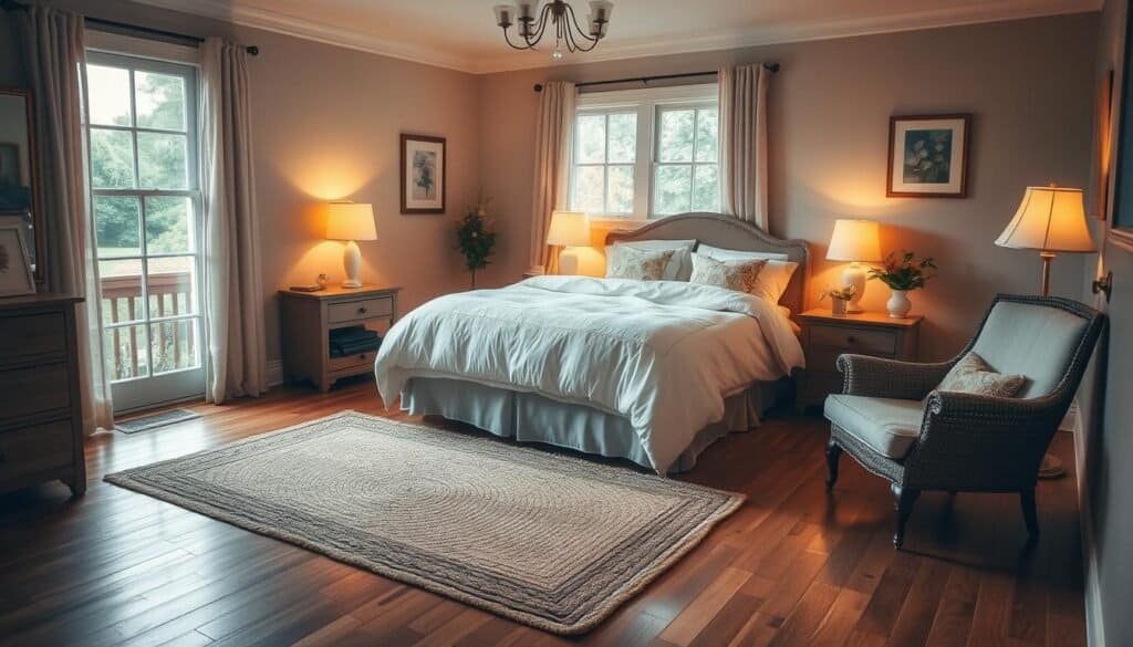 A cozy and tranquil bedroom, bathed in soft, warm lighting. The bed is adorned with plush, inviting linens and a fluffy comforter. Delicate floral accents on the nightstands and a woven area rug on the hardwood floor add natural elegance. An armchair by the window overlooks a peaceful garden view, creating a serene, contemplative space. The room is filled with a sense of calm and comfort, a true personal sanctuary.