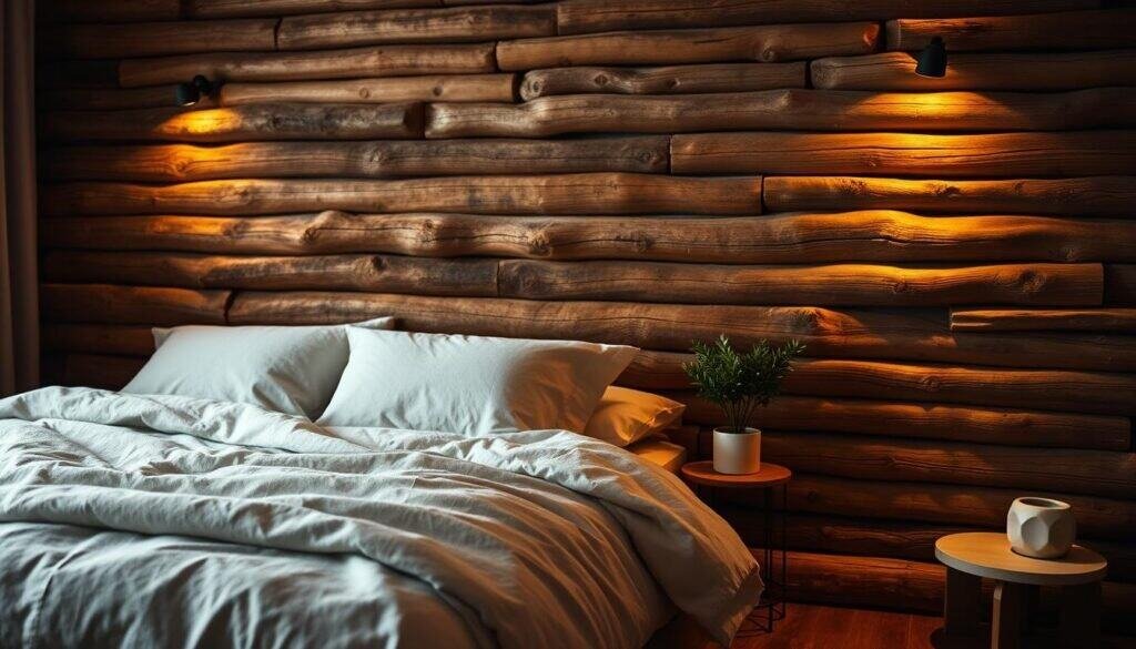 A cozy and tranquil bedroom scene with a focal point of a rustic wooden log wall. Warm, soft lighting casts a comforting glow, creating an inviting atmosphere. The logs are weathered and organic, their natural grain and knots adding texture and character. In the foreground, a plush, neutral-toned bed is dressed with linen bedding, complementing the earthy tones of the wooden accent wall. Subtle, minimalist décor elements like a small side table and a potted plant add balance and visual interest without distracting from the main feature. The overall composition conveys a sense of serenity and relaxation, perfectly capturing the calming essence of a single wooden accent piece in a bedroom space.