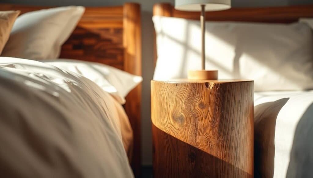 A cozy and tranquil wooden bedroom accent, bathed in warm, natural lighting. A beautifully crafted, rustic nightstand or side table, its grainy texture and organic hues blending seamlessly with the soft, neutral tones of the bedroom. Subtle shadows and highlights accentuate the intricate woodgrain patterns, creating a sense of depth and materiality. The accent piece stands as a calming, grounding presence, inviting the viewer to feel at ease in this serene, inviting space.