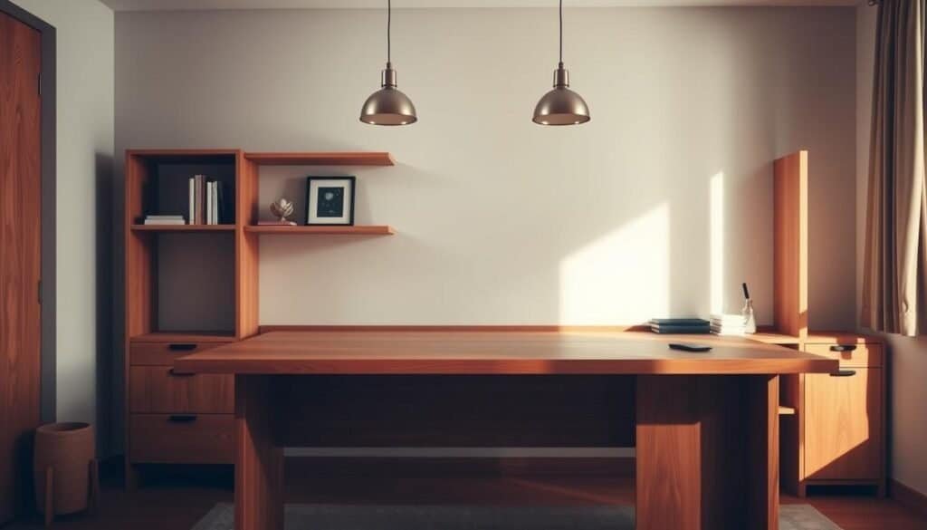 A cozy and well-appointed home office with warm, natural wood accents. A sturdy, L-shaped desk in a rich, honey-toned hardwood sits in the foreground, its clean lines and smooth finish creating a minimalist, contemporary aesthetic. Behind it, a floating shelving unit in a complementary wood tone displays a few carefully curated décor pieces, casting subtle shadows across the room. Soft, diffused lighting from a pair of sleek, pendant lamps above the desk creates a calm, productive atmosphere. The walls are painted in a soothing, neutral palette, allowing the wood elements to take center stage. The overall scene conveys a sense of balance, organization, and an inspiring space for focused work. A cozy and well-appointed home office with warm, natural wood accents. A sturdy, L-shaped desk in a rich, honey-toned hardwood sits in the foreground, its clean lines and smooth finish creating a minimalist, contemporary aesthetic. Behind it, a floating shelving unit in a complementary wood tone displays a few carefully curated décor pieces, casting subtle shadows across the room. Soft, diffused lighting from a pair of sleek, pendant lamps above the desk creates a calm, productive atmosphere. The walls are painted in a soothing, neutral palette, allowing the wood elements to take center stage. The overall scene conveys a sense of balance, organization, and an inspiring space for focused work.