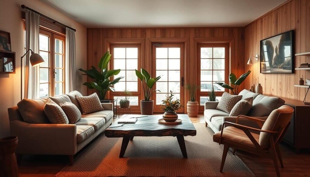 A cozy and well-balanced living room with natural wood accents, soft textured fabrics, and gentle curves. Warm ambient lighting casts a soothing glow, creating an inviting atmosphere. A large, plush sofa with knitted throw pillows sits opposite a rustic wooden coffee table. On the side, a mid-century modern armchair complements the space. Lush potted plants and a woven area rug add organic elements, balancing the sharp edges of the angular furniture. The overall effect is a harmonious and calming interior design that celebrates the interplay of hard and soft, modern and natural.