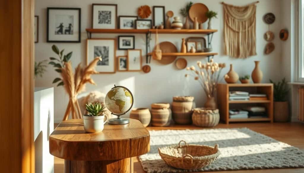 A cozy and well-curated home interior, bathed in warm, natural light. In the foreground, a handcrafted wooden side table displaying an assortment of meaningful artifacts - a small potted plant, a vintage globe, and a rustic ceramic vase filled with dried flowers. The middle ground features a plush area rug and a few decorative baskets neatly arranged. In the background, a set of floating shelves showcases an eclectic mix of framed artwork, ceramic sculptures, and woven wall hangings, creating a harmonious and personal living space.