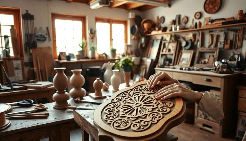 A cozy and well-lit workshop filled with an array of DIY tools and materials. In the foreground, a person's hands skillfully carving intricate patterns onto a wooden plaque, their face reflecting a sense of focused calm. The middle ground showcases various finished projects - a decorative plant stand, a handmade vase, and a rustic photo frame. In the background, natural light streams through large windows, casting a warm glow over the entire scene. The overall atmosphere exudes a therapeutic tranquility, suggesting the restorative power of engaging in meaningful, hands-on creative pursuits.