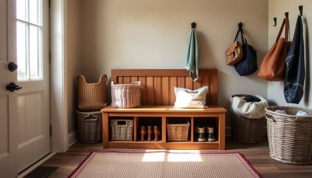 A cozy and well-organized mudroom with a solid wood bench, woven baskets, and natural lighting streaming in through a large window. The room has a warm, inviting atmosphere with earthy tones and rustic textures. The bench is flanked by stylish storage baskets, providing ample space to stash shoes, bags, and outdoor gear. The overall scene conveys a sense of order and tranquility, perfect for calming a chaotic entryway.