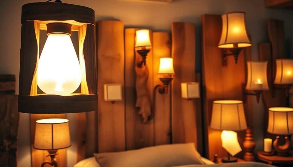 A cozy arrangement of handcrafted wooden lighting fixtures, showcasing intricate woodworking details and a warm, inviting glow. In the foreground, a large pendant light with a rustic, natural-edge wooden frame casts a soft, ambient illumination. In the middle ground, sconces with carved wooden bases and fabric shades flank a wooden wall panel, creating a layered lighting effect. The background features additional wooden lamps and candle holders, all working in harmony to create a serene, nature-inspired atmosphere. Warm, golden tones, gentle shadows, and a sense of artisanal craftsmanship permeate the scene, evoking a cozy, welcoming bedroom ambiance.