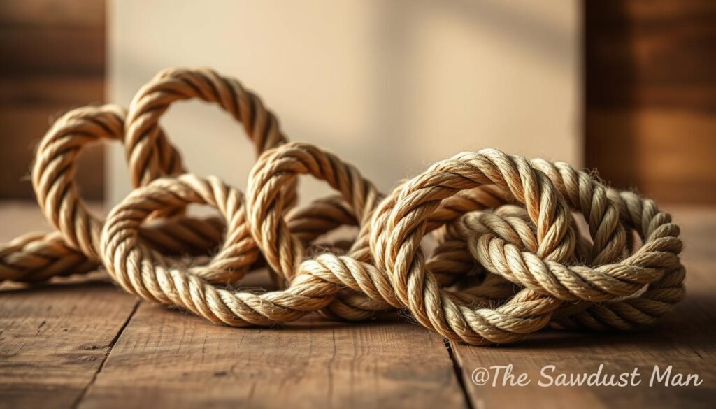 A cozy arrangement of natural rope artfully woven into captivating shapes, adorning a rustic wooden surface. Soft, diffused lighting casts a warm glow, highlighting the intricate textures and organic curves. In the background, a minimalist backdrop of earthy tones complements the handcrafted aesthetic. This image, captured by "The Sawdust Man", showcases the rising popularity of handcrafted natural materials in contemporary home decor.