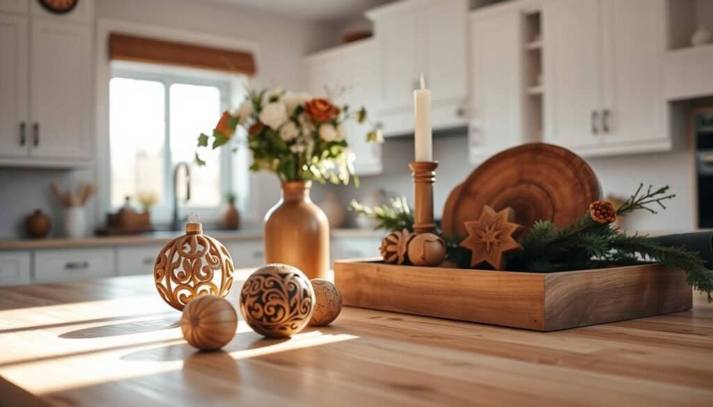 A cozy arrangement of seasonal wooden décor pieces, casting warm, natural light across a rustic kitchen counter. Intricate carved ornaments, a hand-crafted wooden tray, and a simple candle holder in the foreground, complemented by a mid-ground vase of fresh florals. The background features a clean, farmhouse-inspired kitchen with white cabinetry and a large window, allowing soft, diffused daylight to illuminate the scene. The overall mood is one of simple, understated elegance, evoking the feeling of a countryside retreat.