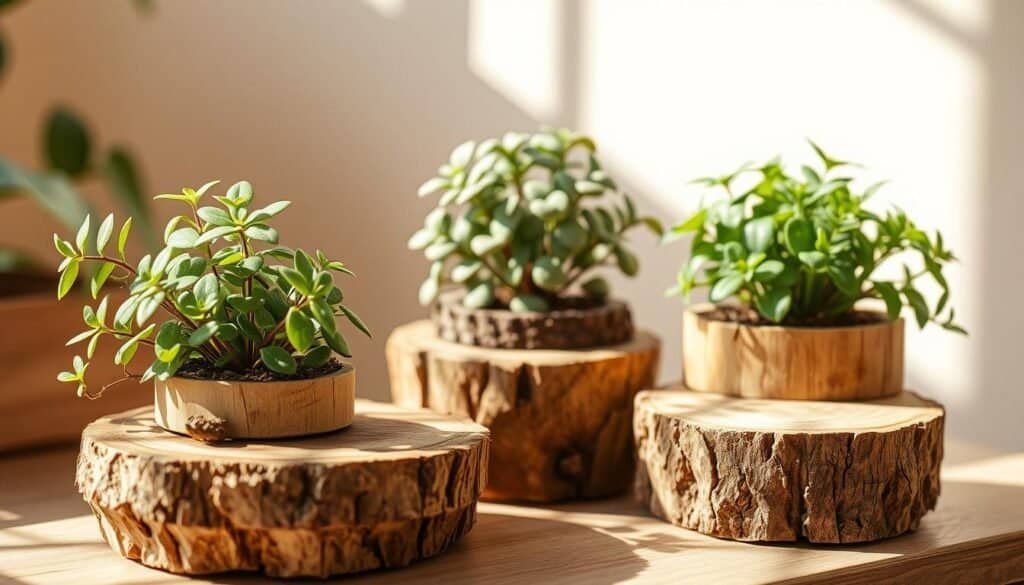 A cozy arrangement of small, lush plants nestled atop wooden bases of varying shapes and sizes. The plants appear vibrant and healthy, their leaves gently cascading over the edges of the rustic wooden foundations. Warm, natural lighting filters in, casting a soft, inviting glow and creating delicate shadows that accentuate the textures of the wood and foliage. The overall composition conveys a sense of tranquility and warmth, perfect for adorning a tabletop or shelf in a home setting.