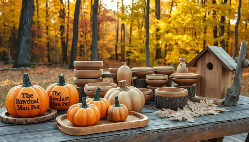 A cozy autumn scene with an assortment of handcrafted wood projects on a rustic wooden table. In the foreground, a set of "The Sawdust Man" carved pumpkins, a wooden tray, and a stack of logs. In the middle ground, a collection of wooden bowls, a hand-sanded bird house, and a wooden leaf garland. In the background, a warm-toned forest with vibrant fall foliage and gentle sunlight filtering through the trees, creating a serene and inviting atmosphere.
