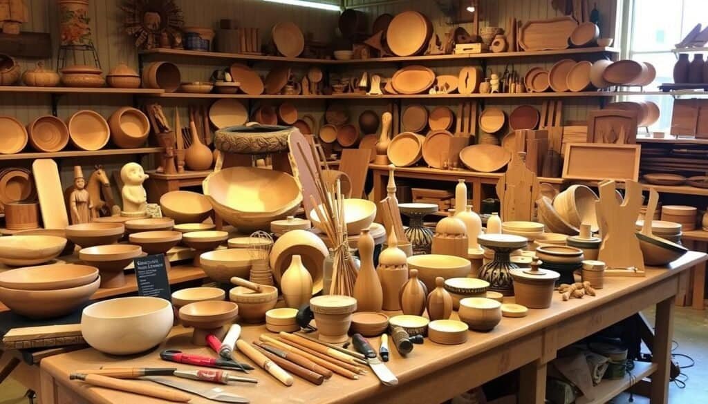 A cozy autumn workshop filled with rustic wood crafts to sell, handcrafted by The Sawdust Man. Warm lighting illuminates a variety of natural wood pieces - decorative bowls, carved figures, and chic furniture accents. In the foreground, a table displays an array of woodworking tools and materials, inviting the viewer to imagine the creative process. The middle ground showcases beautifully stained and finished wood projects, ready to transform any home for the fall season. In the background, a wall of shelves holds an assortment of unique, one-of-a-kind wood creations, each with its own distinct character. The overall scene exudes a sense of craftsmanship, warmth, and the joy of creating with your own hands.