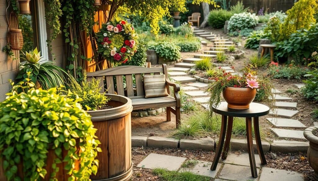 A cozy backyard garden brimming with whimsical DIY planters and decorations. In the foreground, a pair of rustic wooden planters overflow with lush, cascading greenery. In the middle ground, a weathered wooden bench is adorned with a vibrant floral wreath. Trailing vines and flowers spill from a handmade ceramic pot on a small side table. The background features a picturesque stone pathway winding through a flourishing garden, bathed in soft, golden afternoon light. Warm, natural tones and organic textures create a soothing, inviting atmosphere.
