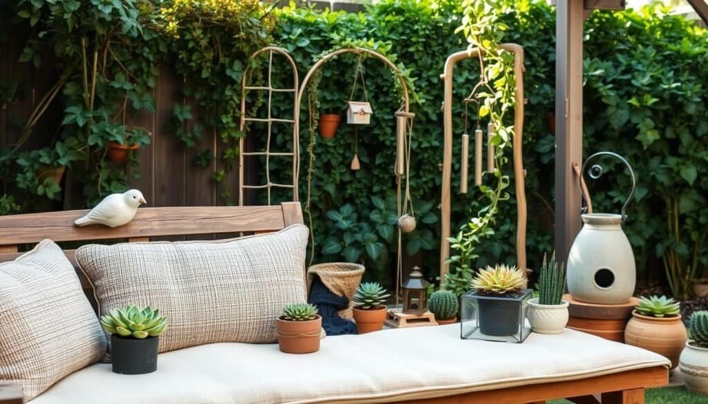 A cozy backyard garden oasis, adorned with an assortment of rustic, handmade accents. In the foreground, a wooden bench overlaid with a plush cushion, flanked by potted succulents and a decorative birdhouse. The middle ground features a delicate trellis draped with cascading vines, complemented by a whimsical wind chime. In the background, lush greenery frames the scene, bathed in warm, natural lighting that casts a soothing ambiance. Textures of weathered wood, woven fabrics, and earthy ceramics blend harmoniously, creating a charming, budget-friendly DIY haven.