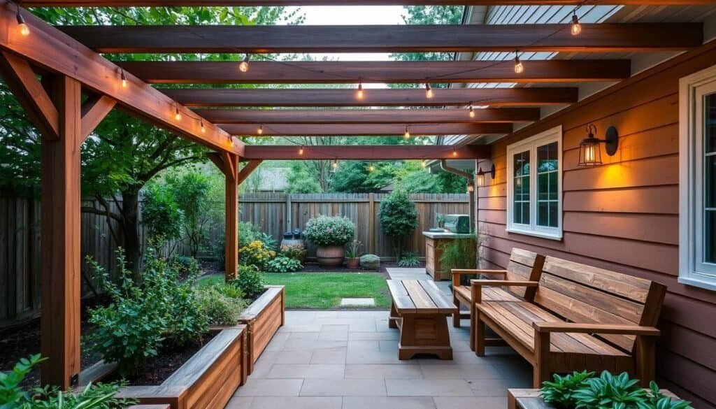 A cozy backyard patio with wooden benches and planters, designed by The Sawdust Man. The scene features a well-lit, natural setting with a rustic yet refined aesthetic. Wooden beams overhead create a sense of structure, while lush greenery and potted plants add warmth and life. The benches are crafted from smooth, weathered wood, inviting visitors to relax and enjoy the tranquil atmosphere. Soft, diffused lighting filters through the space, creating a calming ambiance. The overall design seamlessly integrates the patio into the larger backyard landscape, providing a harmonious and inviting outdoor retreat.