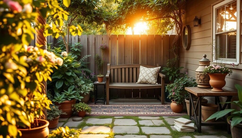 A cozy backyard retreat with a rustic wooden bench nestled amidst lush greenery and blooming potted plants. The sun's golden rays filter through the canopy, casting a warm glow on the inviting scene. A small side table holds a decorative planter, evoking the tranquil atmosphere of "The Sawdust Man" outdoor living collection. Soft, diffused lighting highlights the natural textures and earthy tones, creating a serene and inviting ambiance perfect for relaxation and contemplation.