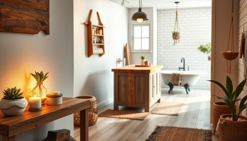 A cozy bathroom and kitchen setting with rustic wooden accents and natural textures. In the foreground, a handcrafted wooden shelf with artisanal ceramics, potted succulents, and a vintage candle holder. The middle ground features a sleek, minimalist kitchen island with a butcher block top, complemented by a wall-mounted wooden spice rack. In the background, a bright, airy bathroom with subway tile, a claw-foot tub, and a hanging macrame plant holder. Warm, diffused lighting casts a soft glow throughout, highlighting the natural materials and creating a serene, inviting atmosphere. Realistic, high-quality rendering with attention to detail.