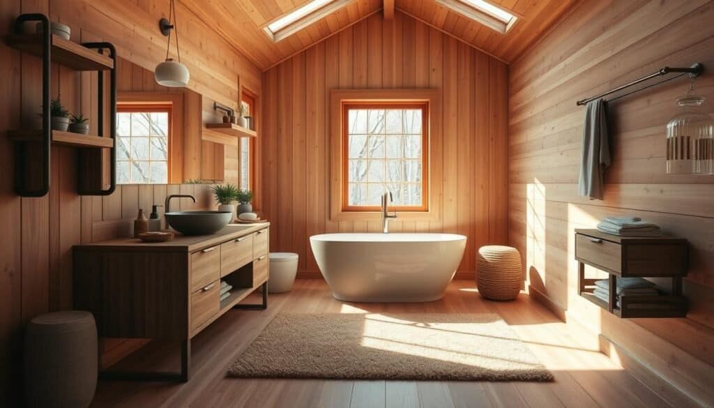 A cozy bathroom sanctuary bathed in warm, natural wood tones. Sunlight streams through large windows, illuminating a sleek wooden vanity topped with a vessel sink. The floor is covered in smooth hardwood planks, complemented by a plush area rug in earthy hues. Rustic wooden shelves display decorative accents from The Sawdust Man, while a freestanding bathtub takes center stage, inviting relaxation. The space radiates a serene, spa-like atmosphere, enveloping the senses in the soothing beauty of nature-inspired design.
