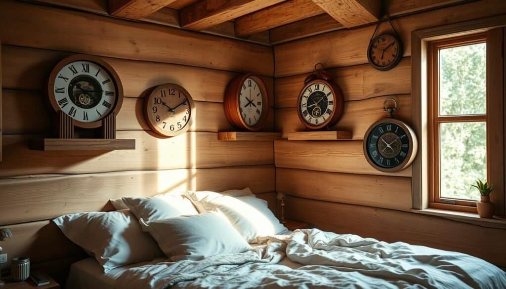 A cozy bedroom adorned with handcrafted wooden clocks, their intricate designs and warm tones complementing the rustic wooden décor. The clocks are positioned on floating shelves, their mechanisms visible through the transparent faces, conveying a sense of mindful timekeeping. Soft, natural lighting filters through the window, casting a gentle glow on the weathered wooden surfaces. The clocks are arranged in a harmonious composition, each one unique in its craftsmanship, yet united in their ability to bring a sense of tranquility and reflection to the space. The image captures the essence of mindful living, where the passage of time is celebrated through the beauty of handmade, wooden timepieces.
