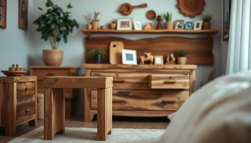 A cozy bedroom adorned with handcrafted wooden furniture and décor. In the foreground, a rustic nightstand with a minimalist design, featuring a warm, natural wood tone and clean lines. In the middle ground, a wooden dresser or chest of drawers, its drawers slightly ajar, revealing the rich wood grain. The background showcases a wooden headboard or a wall-mounted shelving unit, displaying an artful arrangement of small wooden trinkets, photo frames, and plants, bathed in soft, diffused lighting. The overall atmosphere evokes a sense of tranquility, comfort, and a touch of rustic elegance.