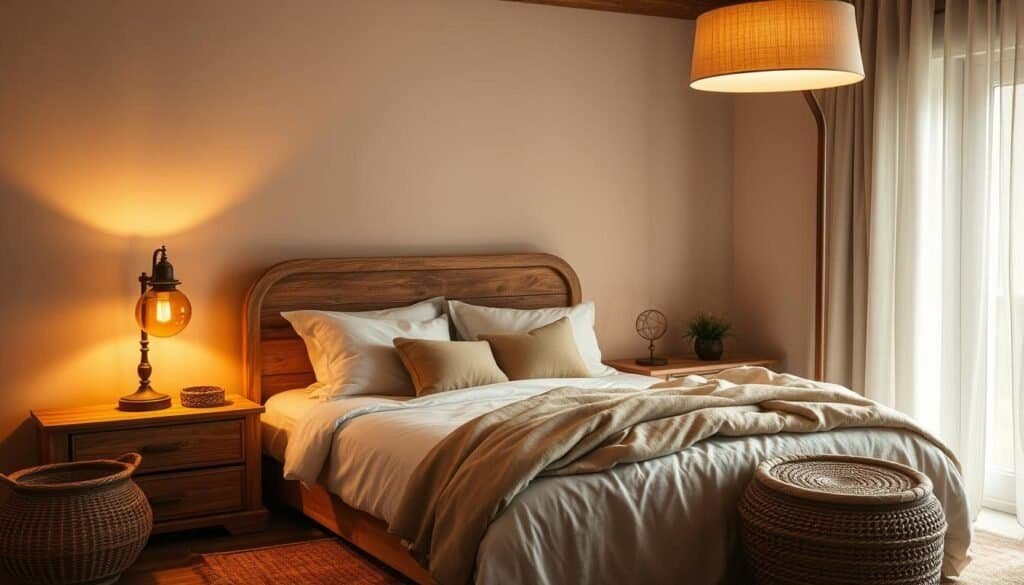 A cozy bedroom bathed in the warm, soft glow of organic lighting. A pair of antique-style table lamps with amber glass shades cast a gentle, inviting illumination across the space. Bedside nightstands in a rich, weathered wood finish provide a natural, rustic charm. The lighting fixtures are complemented by a large floor lamp in a similar vintage-inspired design, its diffused radiance creating a calming, intimate ambiance. Woven natural fiber accents, such as a jute rug and wicker baskets, add depth and texture, while plush, earthy-toned bedding and curtains complete the cozy, relaxing mood. The overall scene exudes a sense of tranquility and renewal, perfect for unwinding at the end of the day.