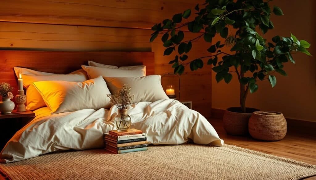 A cozy bedroom enveloped in a warm, amber glow, the air thick with the scent of sandalwood candles. Plush, oversized pillows nestled against a wooden headboard, layered with soft, neutral-toned linens. On the nightstand, a handcrafted ceramic lamp casts a gentle light, illuminating a stack of well-worn books and a delicate glass vase holding fresh wildflowers. In the corner, a tall fiddle-leaf fig tree sways gently, its lush, green leaves reflecting the room's peaceful ambiance. Hardwood floors are covered by a thick, hand-woven area rug, its earthy tones grounding the space. This is a sanctuary, a haven from the outside world, where one can truly feel at home.